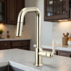 Click here to see Brizo 63954LF-PN Brizo Litze Pull-Down Prep Faucet with Square Spout - Industrial Handle, 1.8 GPM, Polished Nickel - 63954LF-PN