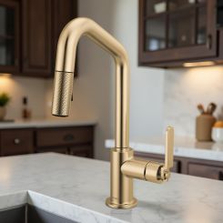 Click here to see Brizo 63964LF-GL Brizo Litze Pull-Down Prep Faucet with Angle Spout - Industrial Handle, 1.8 GPM, Brilliance Luxe Gold - 63964LF-GL 