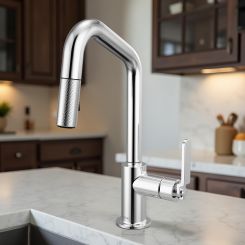 Click here to see Brizo 63964LF-PC Brizo Litze Pull-Down Prep Faucet with Angle Spout - Industrial Handle, 1.8 GPM, Polished Chrome - 63964LF-PC