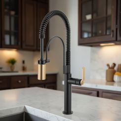 Click here to see Brizo 63344LF-BLGL Brizo Litze Semi-Professional Kitchen Faucet - Industrial Handle, MagneDock, 1.8 GPM, Matte Black/Brilliance Luxe Gold - 63344LF-BLGL