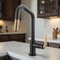 Click here to see  63964LF-BLGL Brizo Litze Pull-Down Prep Faucet with Angle Spout - Industrial Handle, 1.8 GPM, Brilliance Matte Black/Luxe Gold - 63964LF-BLGL 