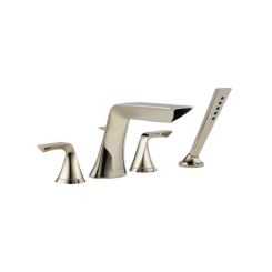 Click here to see Brizo T67450-PN Brizo Sotria Two-Handle Roman Tub Faucet Trim with H2Okinetic Hand Shower, 1.75 GPM, 4-Hole, Lever Handles, ADA, Brilliance Polished Nickel - T67450-PN