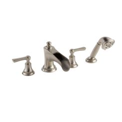 Click here to see  T67461-NKLHP Brizo Rook Two-Handle Roman Tub Faucet Trim with H2Okinetic Hand Shower, 4-Hole, Channel Spout, Less Handles, Brilliance Luxe Nickel - T67461-NKLHP