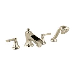 Click here to see Brizo T67461-PNLHP Brizo Rook Two-Handle Roman Tub Faucet Trim with H2Okinetic Hand Shower, 4-Hole, Channel Spout, Less Handles, Brilliance Polished Nickel - T67461-PNLHP