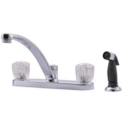 Click here to see Ultra Faucets UF20350 Ultra Faucets Classic Two Handle Kitchen Faucet w/ Side Spray, Clear Knobs, Chrome - UF20350