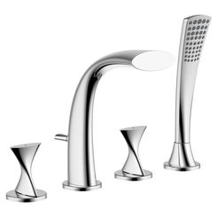 Click here to see Ultra Faucets UF65340 Ultra Faucets Twist Two-Handle Roman Tub Faucet with 2.5 GPM Hand Shower, 4-Hole, NEOPERL Stream, Chrome - UF65340