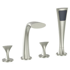 Click here to see Ultra Faucets UF65343 Ultra Faucets Twist Two-Handle Roman Tub Faucet with 2.5 GPM Hand Shower, 4-Hole, NEOPERL Stream, Brushed Nickel - UF65343