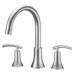 Click here to see Ultra Faucets UF65103 Ultra Faucets Sweep Two-Handle Deck-Mount Roman Tub Faucet, 3-Hole, NEOPERL Stream, Lever Handles, ADA, Brushed Nickel - UF65103