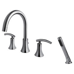 Click here to see Ultra Faucets UF65140 Ultra Faucets Sweep Two-Handle Roman Tub Faucet with 2.5 GPM Hand Shower, 4-Hole, NEOPERL Stream, Lever Handles, Polished Chrome - UF65140