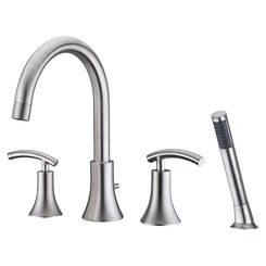 Click here to see Ultra Faucets UF65143 Ultra Faucets Sweep Two-Handle Roman Tub Faucet with 2.5 GPM Hand Shower, 4-Hole, NEOPERL Stream, Lever Handles, Brushed Nickel - UF65143