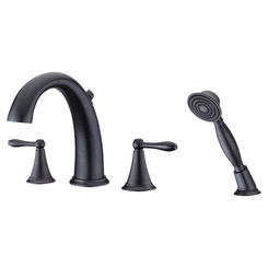 Click here to see Ultra Faucets UF65245 Ultra Faucets Contour Two-Handle Roman Tub Faucet with 2.5 GPM Hand Shower, 4-Hole, NEOPERL Stream, Lever Handles, Oil Rubbed Bronze - UF65245