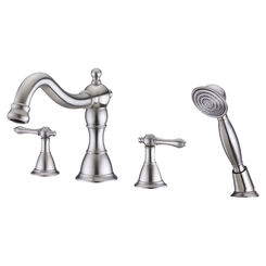 Click here to see Ultra Faucets UF65043 Ultra Faucets Prime Two-Handle Roman Tub Faucet with 2.5 GPM Hand Shower, 4-Hole, NEOPERL Stream, Lever Handles, Brushed Nickel - UF65043