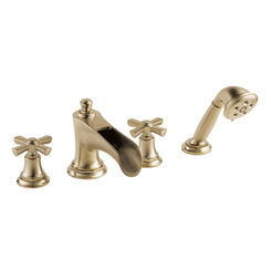 Click here to see DELTA FAUCETS COMPANY T67461-GLLHP Brizo Rook Two-Handle Roman Tub Faucet Trim with H2Okinetic Hand Shower, 4-Hole, Channel Spout, Less Handles, Brilliance Luxe Gold - T67461-GLLHP