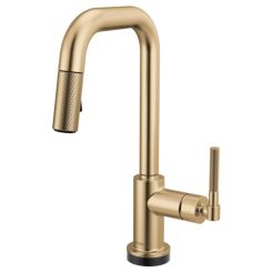 Click here to see Brizo 64953LF-GL Brizo Litze Smart Touch Pull-Down Prep Faucet With Square Spout, Knurled Lever Handle, 1.8 GPM, Diamond Seal, MagneDock, Touch-Clean, Brilliance Luxe Gold - 64953LF-GL
