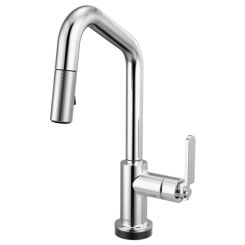Click here to see Brizo 64964LF-PC Brizo Litze Smart Touch Pull-Down Prep Faucet With Angle Spout, Industrial Lever Handle, 1.8 GPM, Diamond Seal, MagneDock, Touch-Clean, Polished Chrome - 64964LF-PC