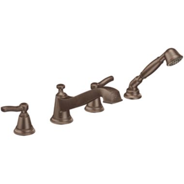 Click here to see Moen T925ORB Moen T925ORB Rothbury Two-Handle Low Arc Roman Tub Faucet w/ Hand Shower - Oil Rubbed Bronze, No Valve