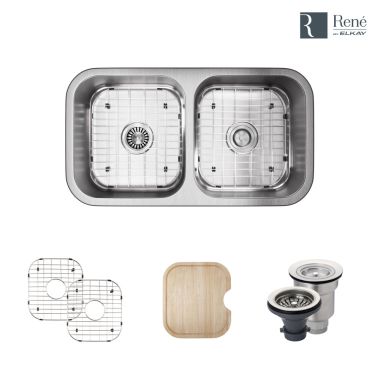 Click here to see Elkay R1-1024A-16 Rene By Elkay R1-1024A-16 Double Bowl Undermount Stainless Steel Kitchen Sink Kit - 16-Gauge 