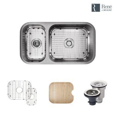 Click here to see Elkay R1-1024BR-16 Rene By Elkay R1-1024BR-16 Offset Double Bowl Undermount Stainless Steel Kitchen Sink Kit - 16-Gauge 