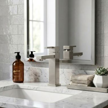 Click here to see Danze D225533BN Danze Reef Single-Hole Bathroom Faucet with 50/50 Touch-Down Drain, Single-Handle, 1.5 GPM, Top Lever Handle, ADA, WaterSense, Brushed Nickel - D225533BN