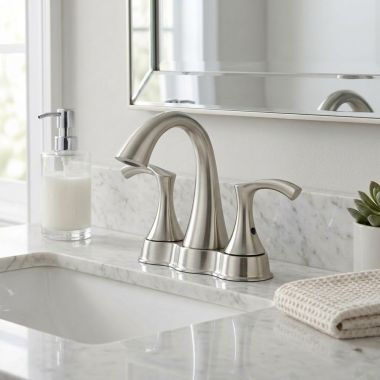 Click here to see Danze D301022BN Danze Antioch Centerset Bathroom Faucet with 50/50 Touch-Down Drain, Two-Handle, 1.5 GPM, Lever Handle, ADA, Brushed Nickel - D301022BN