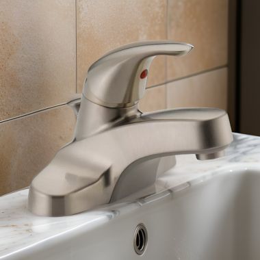 Click here to see Peerless P136LF-BN Peerless Centerset Deck-Mount Bathroom Faucet with Plastic Pop-Up Drain, Single-Handle, 1.0 GPM, Lever Handle, ADA, WaterSense, Brushed Nickel - P136LF-BN