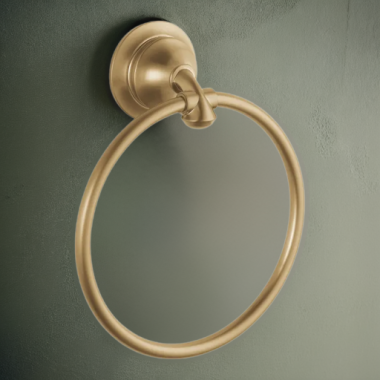 Click here to see Delta 79446-CZ Delta Linden Round Wall Mounted Towel Ring with Mounting Hardware, 6-1/2in Diameter, Metal Constructed, Champagne Bronze - 79446-CZ
