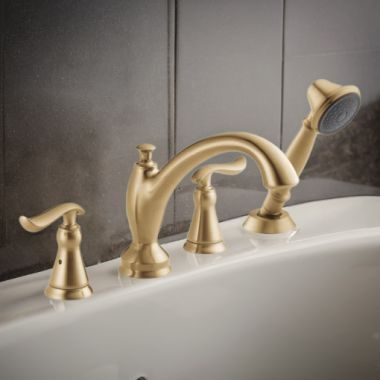 Click here to see Delta T4794-CZ Delta Linden Two-Handle Roman Tub Faucet Trim with 1.75 GPM Single Setting Hand Shower, Lever Handles, Champagne Bronze - T4794-CZ
