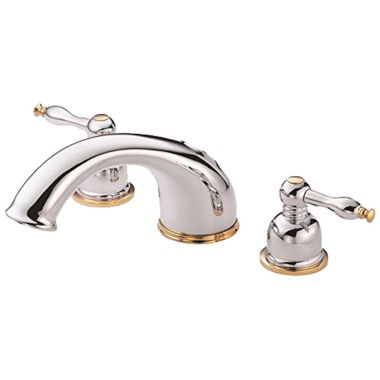 Click here to see Danze D302555CPBVT Danze Sheridan Two-Handle Deck-Mount Roman Tub Faucet Trim, 3-Hole, Lever Handles, ADA, Chrome/PVD Polished Brass - D302555CPBVT