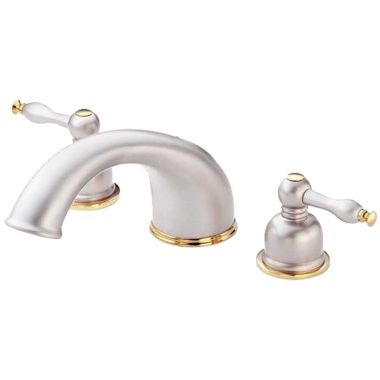 Click here to see Danze D302555SNPVT Danze Sheridan Two-Handle Deck-Mount Roman Tub Faucet Trim, 3-Hole, Lever Handles, ADA, Satin Nickel/PVD Polished Brass - D302555SNPVT