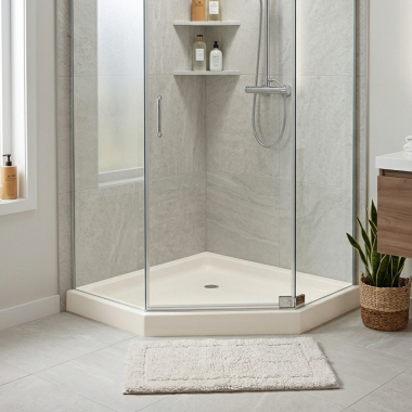 Click here to see Swanstone SN00036MD.018 Swanstone Neo-Angle Corner Shower Floor with Fit-Flo Center Drain, Bisque - SS-36NEO-018