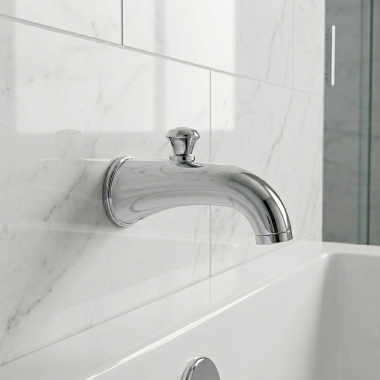 Click here to see Toto TS210EV#CP Toto Silas 7-11/16-inch Wall Mounted Tub Spout with Pull-Up Diverter, 1/2-inch Connection Size, NPT, Brass, Polished Chrome - TS210EV#CP