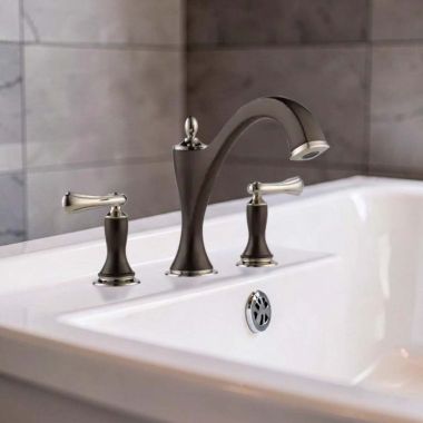 Click here to see Brizo T67385-PNCOLHP Brizo Charlotte Two-Handle Deck-Mount Roman Tub Faucet Trim, 3-Hole, Less Handles, Cocoa Bronze/Brilliance Polished Nickel - T67385-PNCOLHP