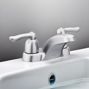 Click here to see Moen 4925BC Moen 4925BC Chateau Two-Handle Low Arc Centerset Lavatory Faucet with Pop-up Drain, WaterSense, Brushed Chrome