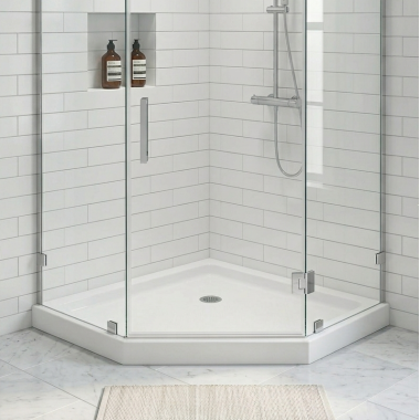 Click here to see Swanstone SN00036MD.010 Swanstone Neo-Angle Corner Shower Floor with Fit-Flo Center Drain, White - SS-36NEO-010