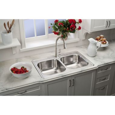 Click here to see Elkay DSE233223 Elkay DSE233223 Dayton Stainless Steel Equal Double Bowl Drop-in Sink, Elite Satin