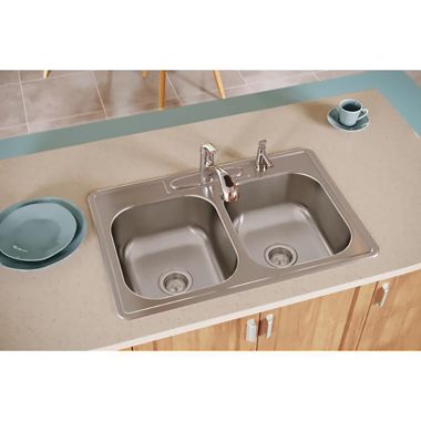 Click here to see Elkay DSE233224 Elkay DSE233224 Dayton Stainless Steel Equal Double Bowl Drop-in Sink, Elite Satin