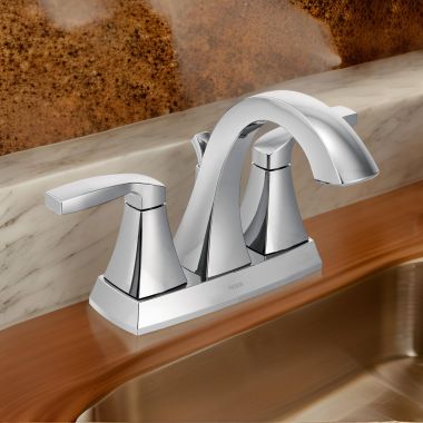 Click here to see Moen 6901 Moen Voss Two-Handle High Arc Centerset Chrome Bathroom Sink Faucet with Metal Pop-Up Drain and Lift Rod Assembly, 1.2 GPM, Lever Handles - 6901