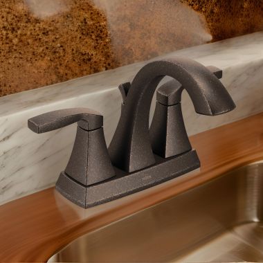 Click here to see Moen 6901ORB Moen Voss Two-Handle High Arc Centerset Oil-Rubbed Bronze Bathroom Sink Faucet with Metal Pop-Up Drain and Lift Rod Assembly, 1.2 GPM, Lever Handles - 6901ORB