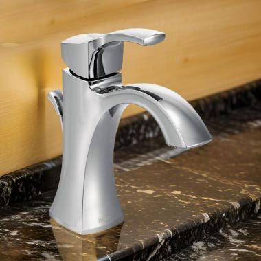 Click here to see Moen 6903 Moen Voss Single-Handle High Arc Chrome Bathroom Faucet with Escutcheon and Metal Pop-Up Drain, 1.2 GPM, Single-Hole Installation - 6903