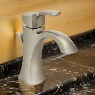 Click here to see Moen 6903BN Moen Voss Single-Handle High Arc Brushed Nickel Bathroom Faucet with Escutcheon and Metal Pop-Up Drain, 1.2 GPM, Single-Hole - 6903BN