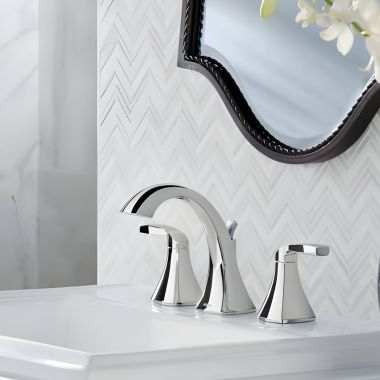 Click here to see Moen T6905 Moen Voss Two-Handle Widespread Chrome Bathroom Faucet, 1.2 GPM, 60 PSI, WaterSense, Lever Handles, Three-Holes, ADA Compliant - T6905