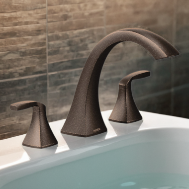 Click here to see Moen T693ORB Moen Voss Two-Handle Deck-Mount Roman Tub Faucet Trim, 3-Hole, High-Arc Spout, Lever Handles, ADA, Oil Rubbed Bronze - T693ORB