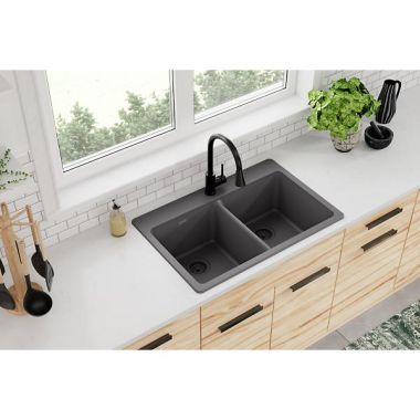 Click here to see Elkay ELG3322GY0 Elkay Quartz Classic Dusk Gray 33in x 22in Equal Double Bowl Drop-In Sink with Rear Center Drain - ELG3322GY0