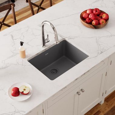 Click here to see Elkay ELGU2522GY0 Elkay Quartz Classic Dusk Gray 25in x 18in Undermount Single Bowl Kitchen Sink with Rear Center Drain - ELGU2522GY0