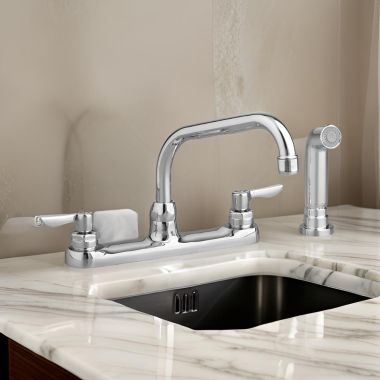 Click here to see American Standard 6408.141.002 American Standard Monterrey Two Handle Kitchen Faucet w/ Side Spray, Tubular Brass Spout, Lever Handles, Chrome - 6408.141.002