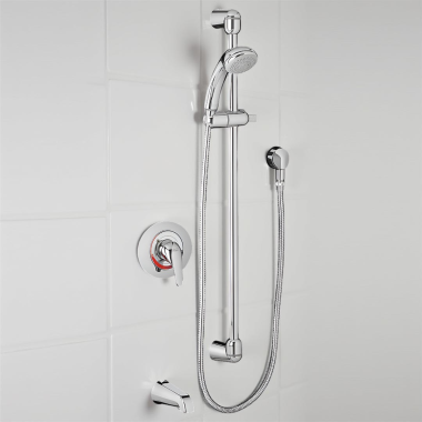 Click here to see American Standard 1662.215.002 American Standard FloWise Commercial Wall Mounted Shower System with Diverter Tub Spout and 3-Function Hand Shower, 1.5 GPM, Polished Chrome - 1662215.002