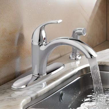 Click here to see American Standard 4433.001.002 American Standard Quince Single Handle Kitchen Faucet with Side Spray, 2.2 GPM, Lever Handle, Deck Mount, Polished Chrome - 4433.001.002