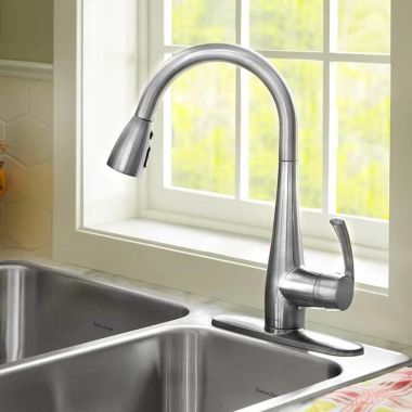 Click here to see American Standard 4433.300.075 American Standard Quince Single Handle Pull-Down High Arc Kitchen Faucet, 2.2 GPM, 1 or 3 Hole, Stainless Steel - 4433.300.075