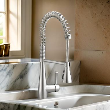 Click here to see American Standard 4433.350.075 American Standard Quince Single Metal Lever Handle Semi-Pro Pull-Down Kitchen Faucet, 2.2 GPM, Stainless Steel - 4433.350.075