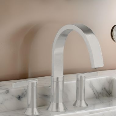 Click here to see American Standard 7430.900.295 American Standard Berwick Deck-Mount Tub Filler, Less Personal Shower, Two Metal Lever Handles, 2.5 GPM, Brushed Nickel - 7430.900.295